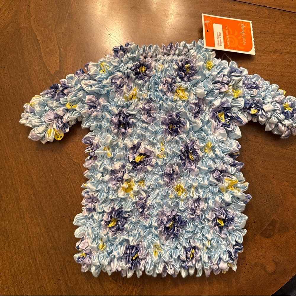 Light Blue Floral Smocked Short-Sleeve Blouse